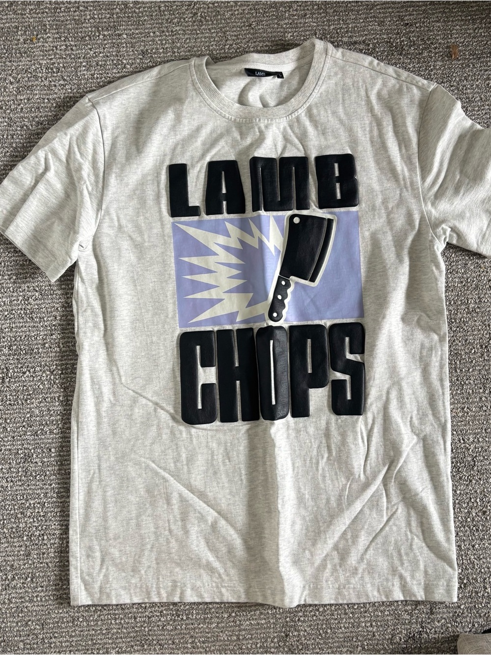 L.A.M.B. Light Gray Tee with Black Graphic "LAMB CHOPS" and Purple Accent